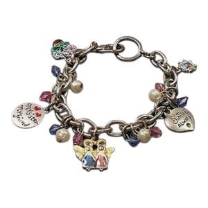 Charm Bracelet Silver Tone Chains Lucite Beads Engraved Charms